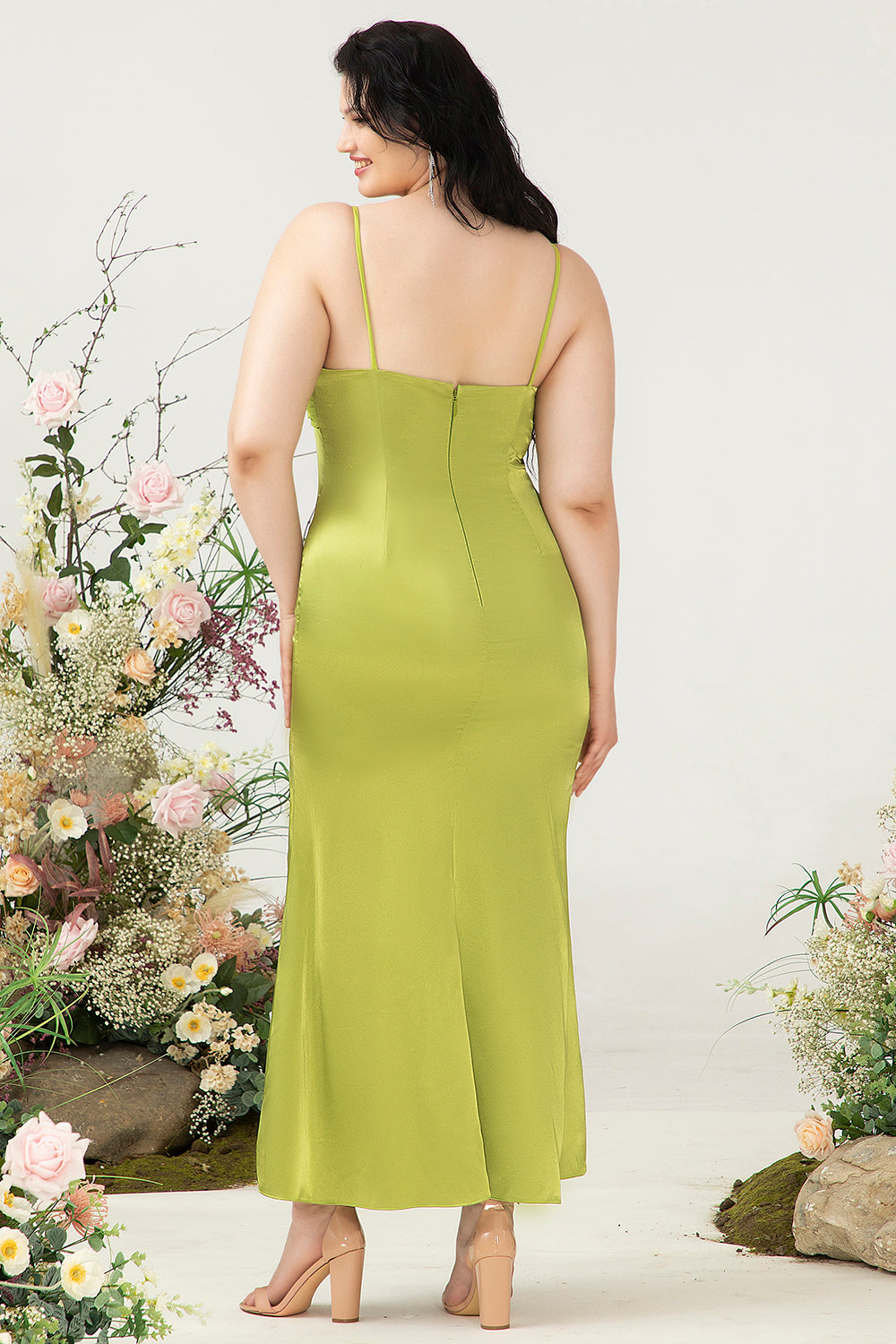 Sheath Spaghetti Straps Lemon Green Plus Size Wedding Guest Dress with Silt