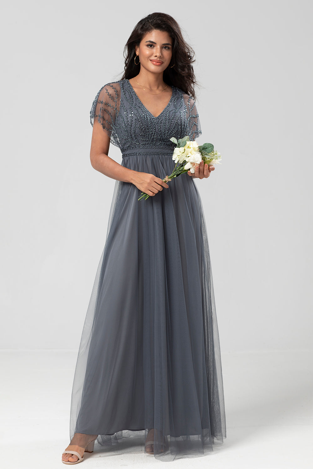 Epitome of Romance A-Line V Neck Eucalyptus Long Bridesmaid Dress with Beading