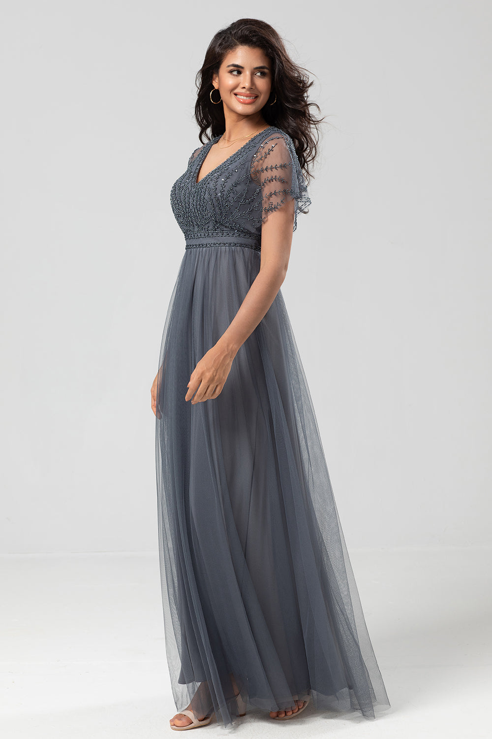 Epitome of Romance A-Line V Neck Eucalyptus Long Bridesmaid Dress with Beading