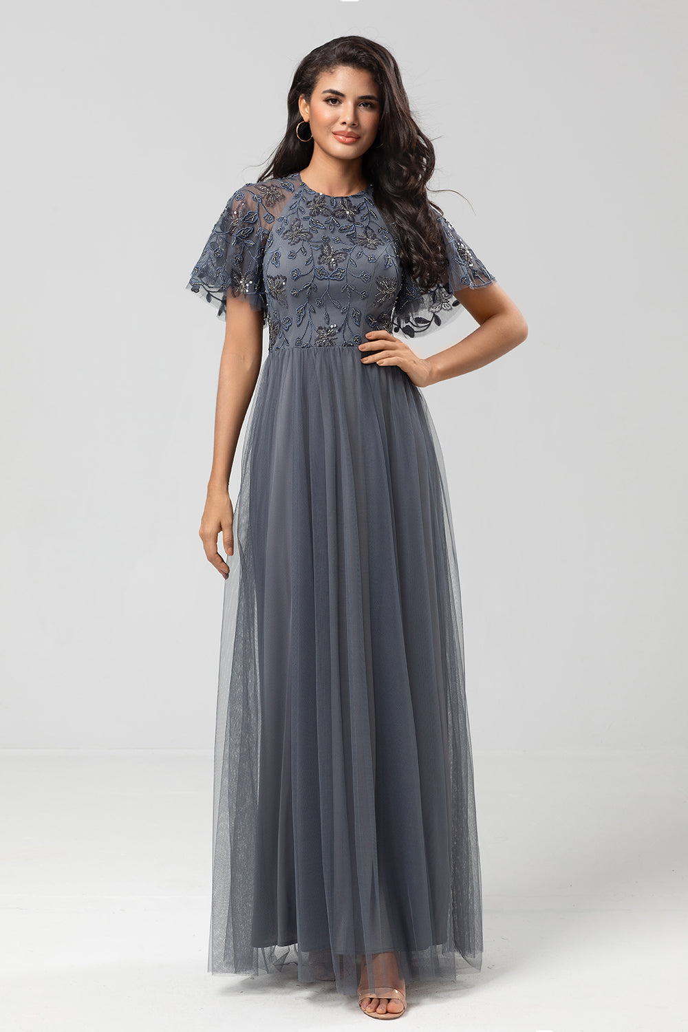 Classic Elegance A-Line Jewel Neck Grey Long Bridesmaid Dress with Short Sleeves