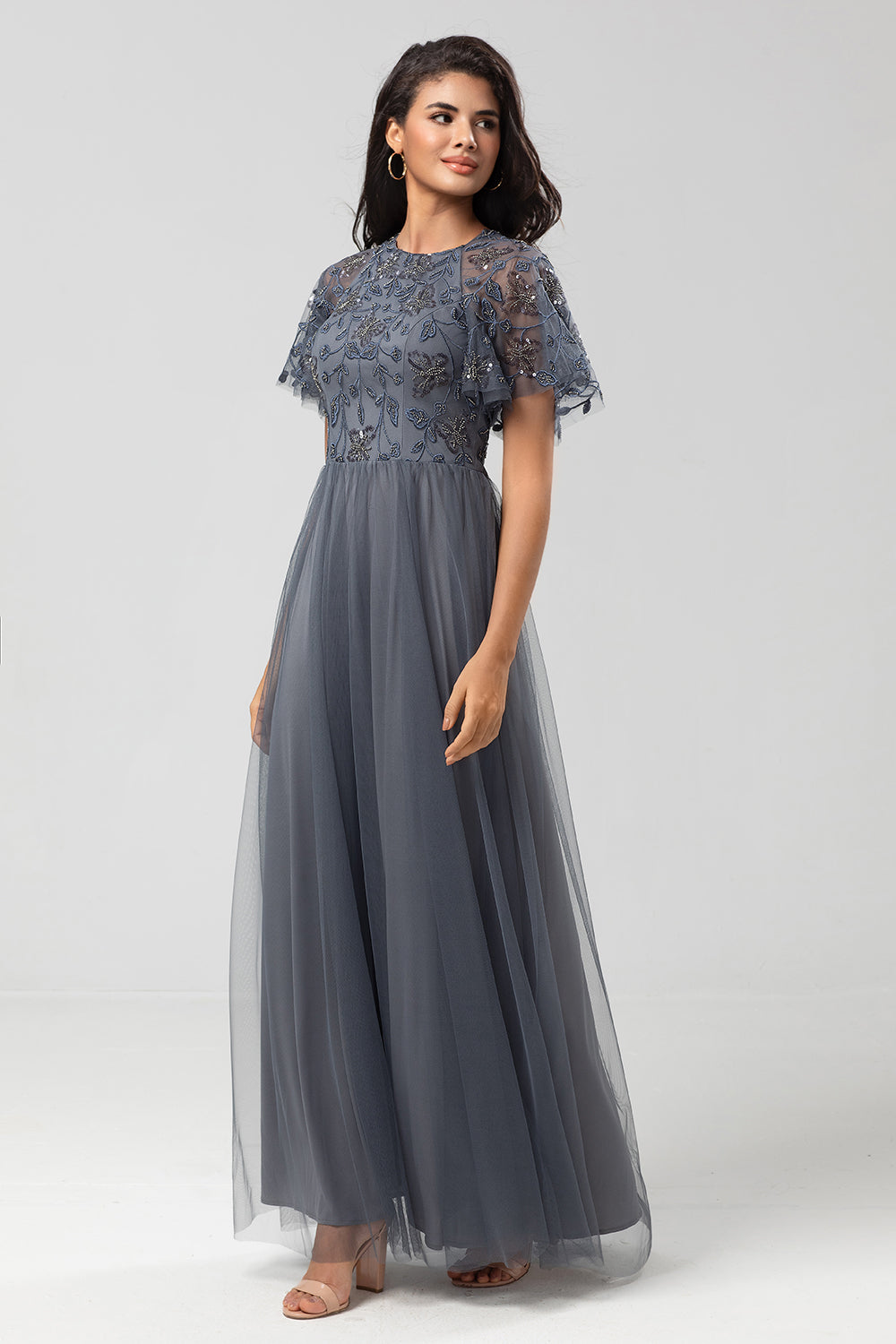 Classic Elegance A-Line Jewel Neck Grey Long Bridesmaid Dress with Short Sleeves