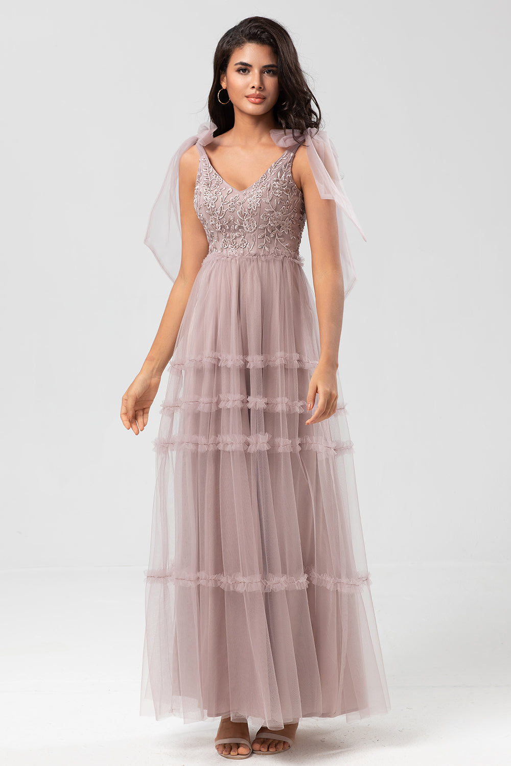 Keeper of My Heart A-Line V Neck Dusty Pink Long Bridesmaid Dress with Beading