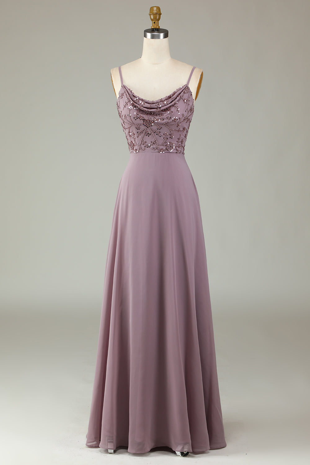 Certifiably Chic A Line Spaghetti Straps Dusty Pink Long Bridesmaid Dress with Beaded