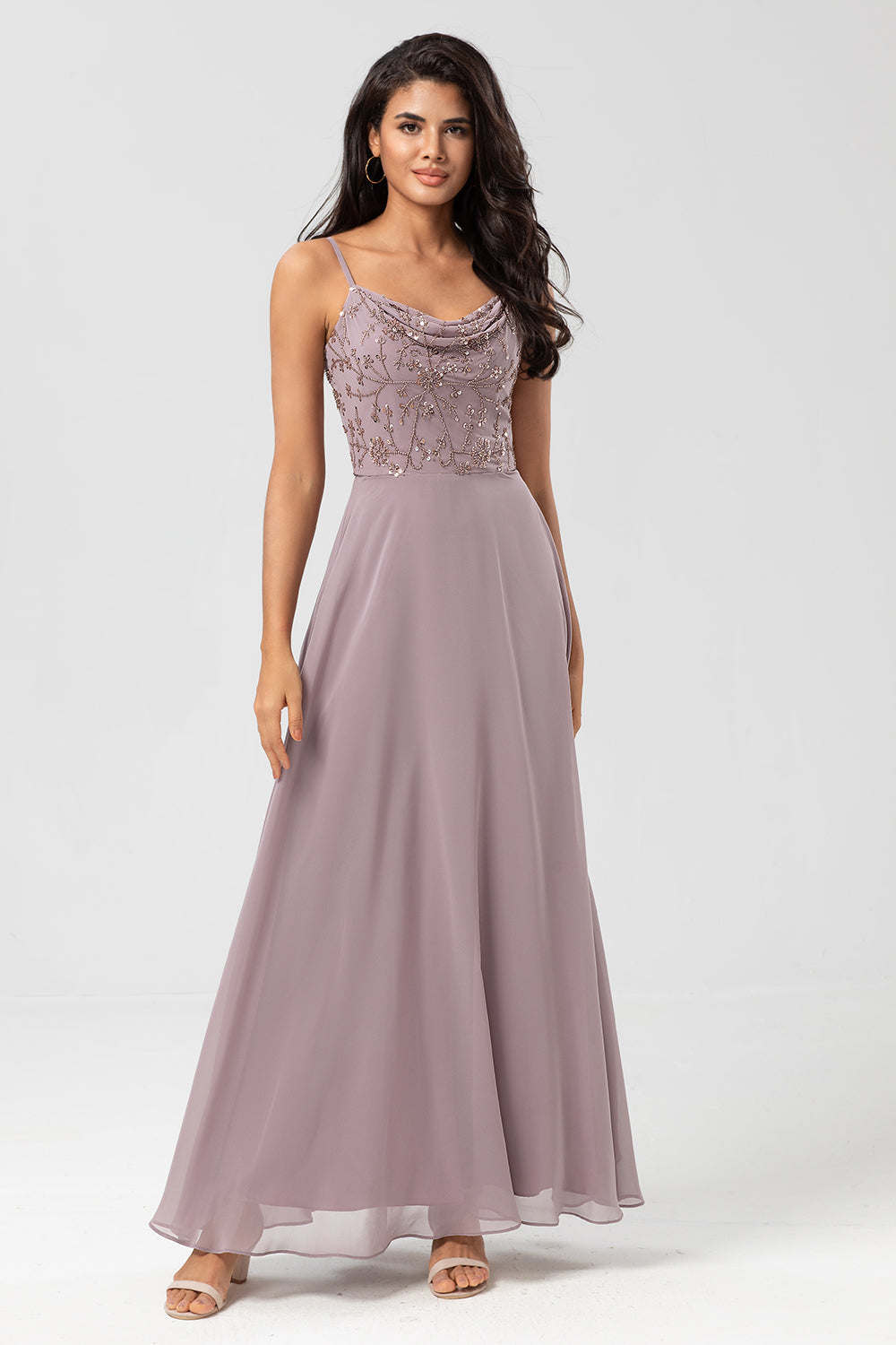 Certifiably Chic A Line Spaghetti Straps Dusty Pink Long Bridesmaid Dress with Beaded