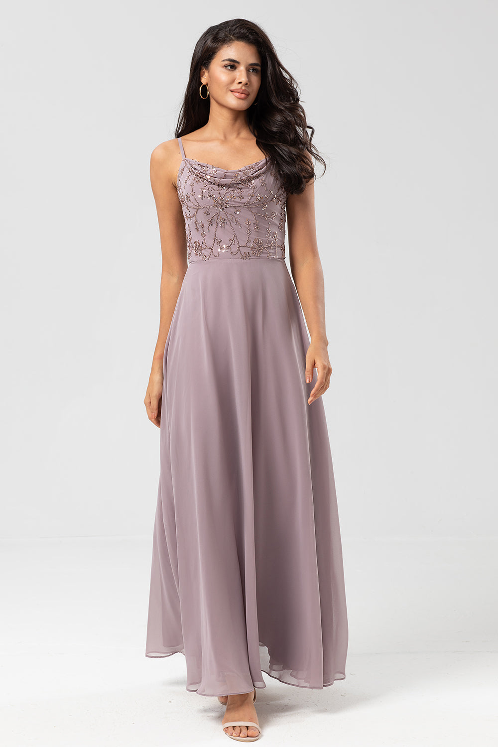 Certifiably Chic A Line Spaghetti Straps Dusty Pink Long Bridesmaid Dress with Beaded