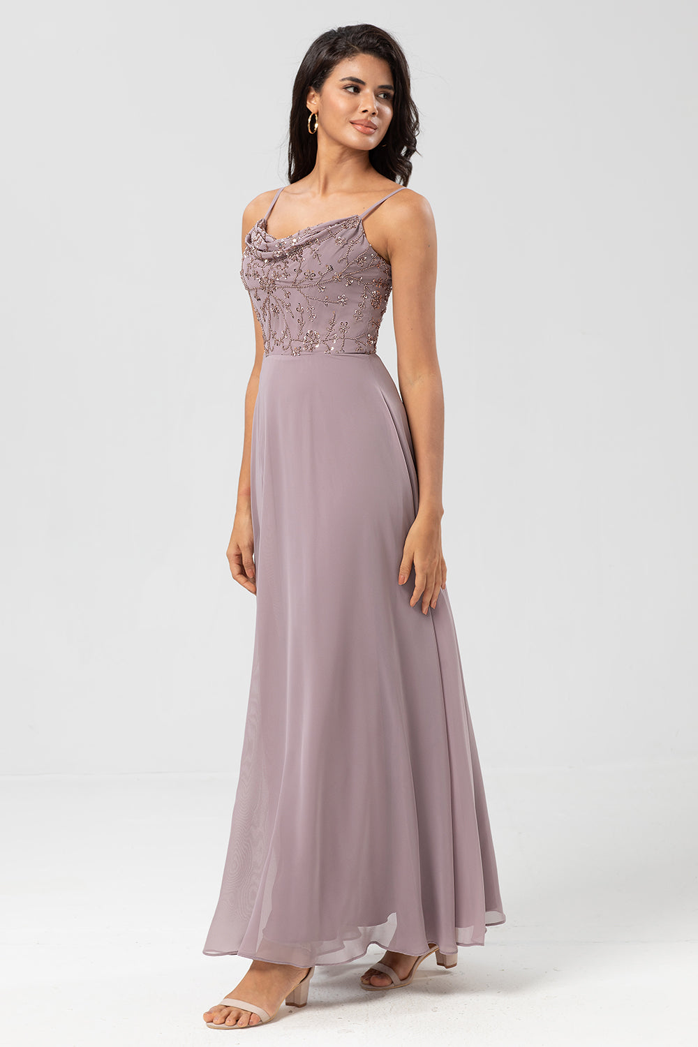 Certifiably Chic A Line Spaghetti Straps Dusty Pink Long Bridesmaid Dress with Beaded