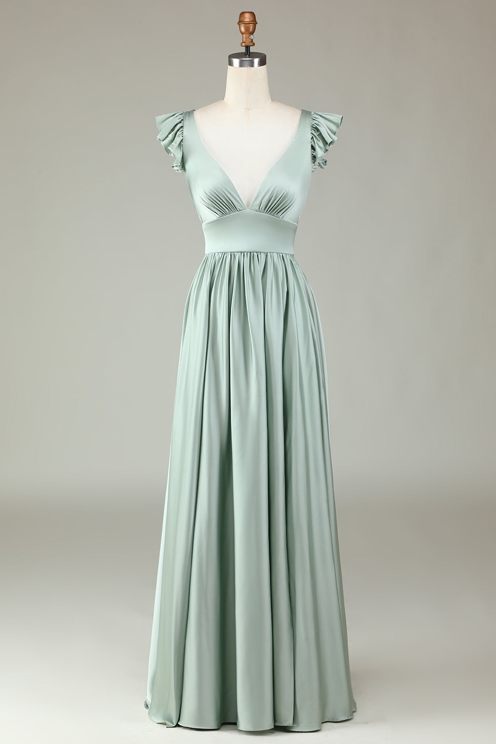 Deep V-Neck Matcha Long Bridesmaid Dress with Ruffles