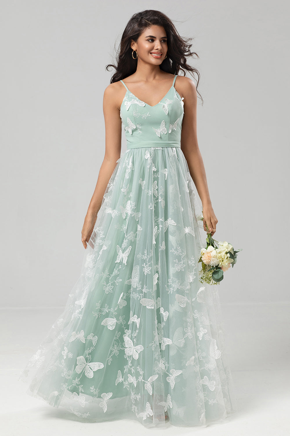 Captured Your Heart A Line Spaghetti Straps Matcha Long Bridesmaid Dress with Appliques