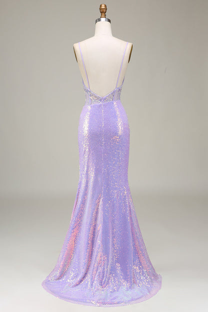 Sparkly Mermaid LighT Purple Corset Prom Dress with Slit