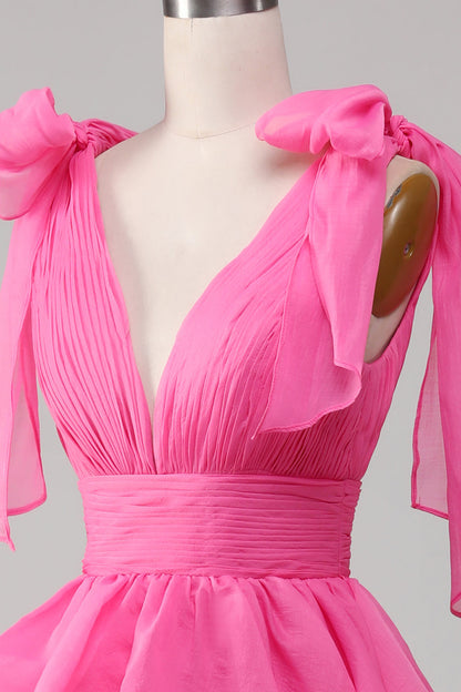 Princess Fuchsia A-Line Deep V-Neck  Tiered Long Prom Dress With Slit
