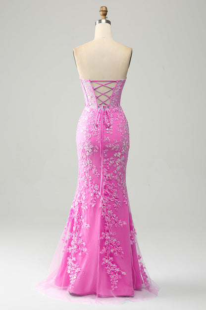 Lilac Mermaid Sweetheart Corset Appliques Prom Dress With Side Slit