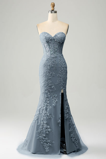 Lilac Mermaid Sweetheart Corset Appliques Prom Dress With Side Slit