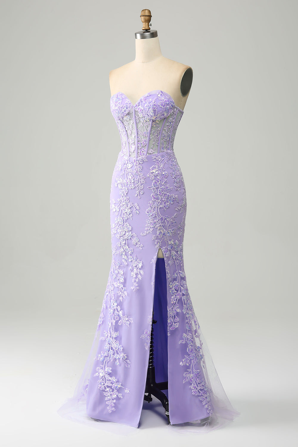 Lilac Mermaid Sweetheart Corset Appliques Prom Dress With Side Slit