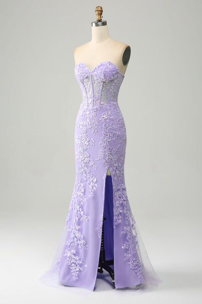 Lilac Mermaid Sweetheart Corset Appliques Prom Dress With Side Slit