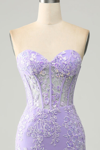 Lilac Mermaid Sweetheart Corset Appliques Prom Dress With Side Slit