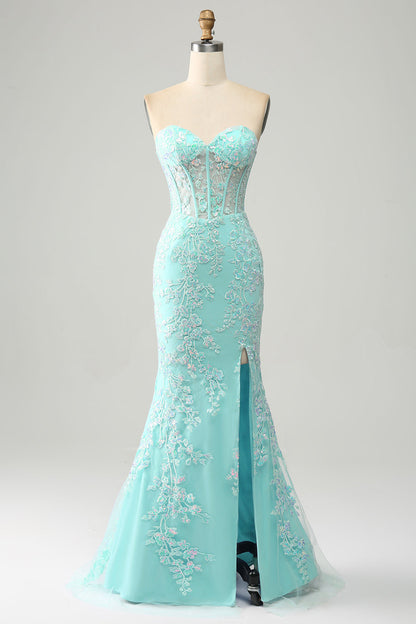 Lilac Mermaid Sweetheart Corset Appliques Prom Dress With Side Slit