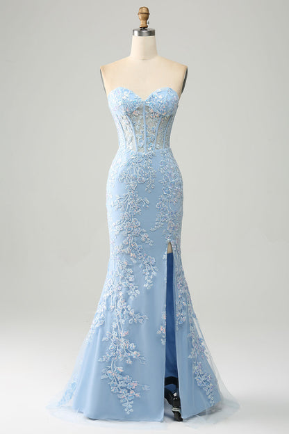 Lilac Mermaid Sweetheart Corset Appliques Prom Dress With Side Slit