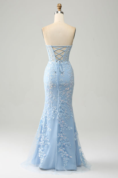 Lilac Mermaid Sweetheart Corset Appliques Prom Dress With Side Slit