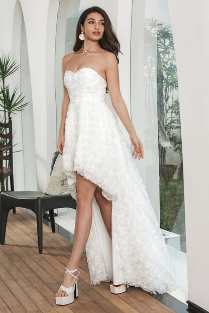 Cute White Sweetheart High Low Flower Midi Graduation Dress