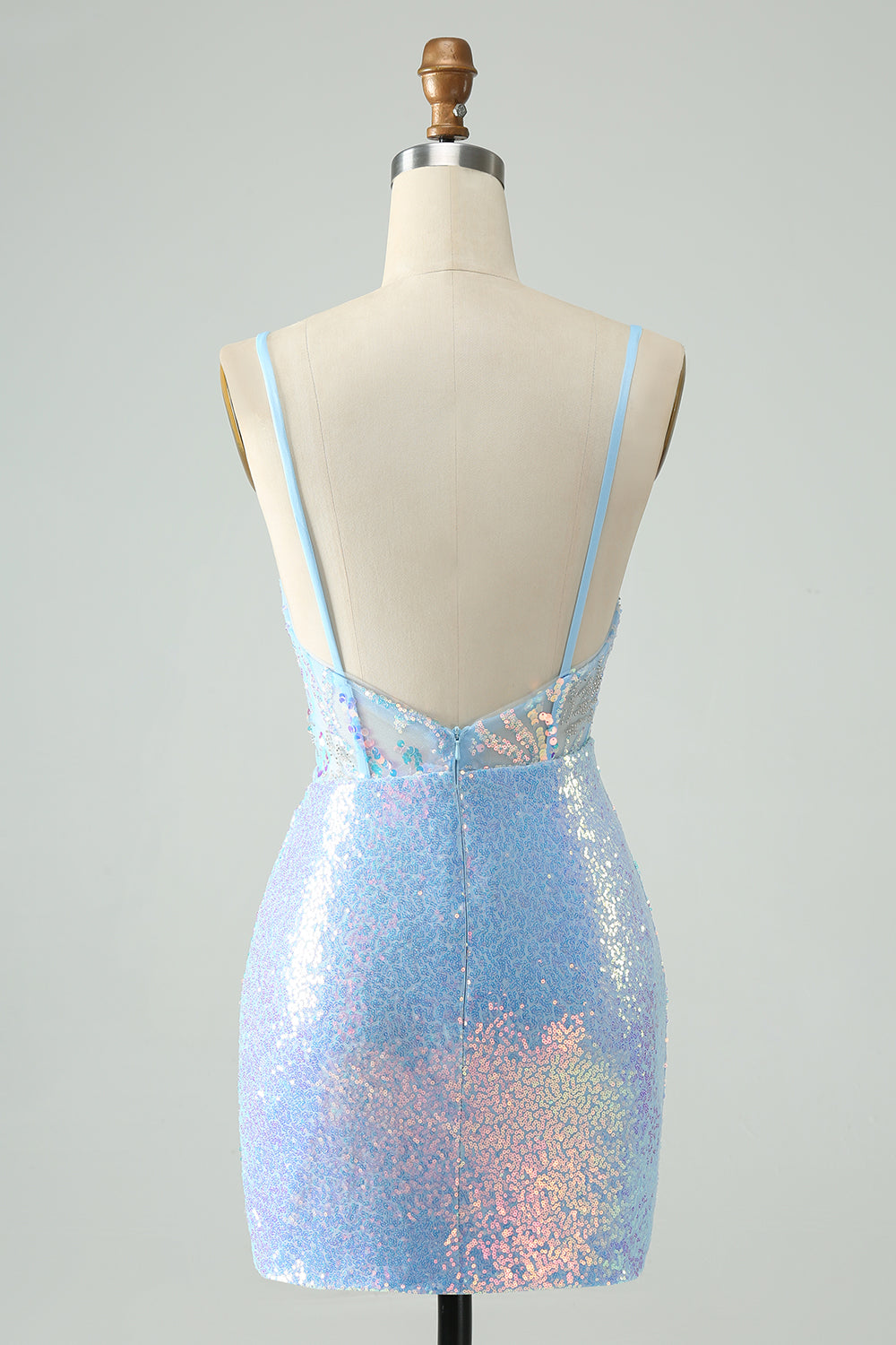 Glitter Light Blue Tight Spaghetti Straps Short Homecoming Dress with Sequins