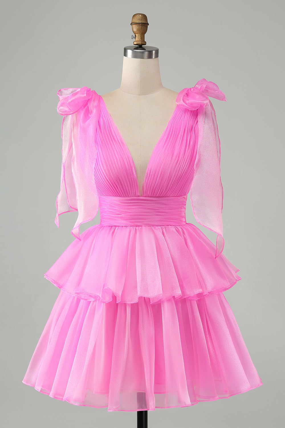 Hot Pink A Line V Neck Pleated Tiered Short Homecoming Dress