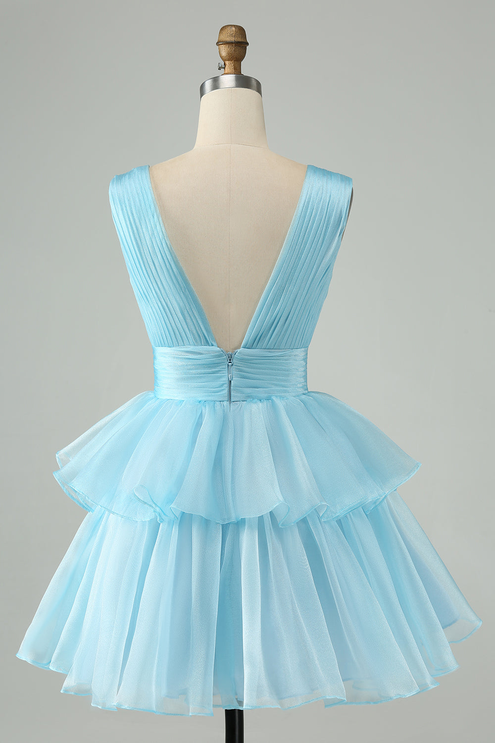 Sky Blue A Line V Neck Pleated Tiered Short Homecoming Dress