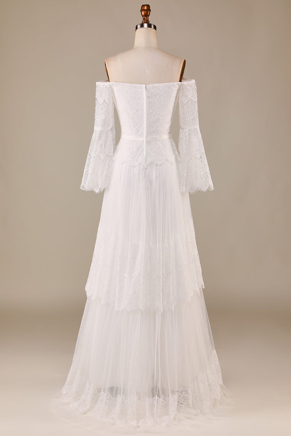 A Line Off the Shoulder Ivory Sweep Train Flare Sleeves Wedding Dress