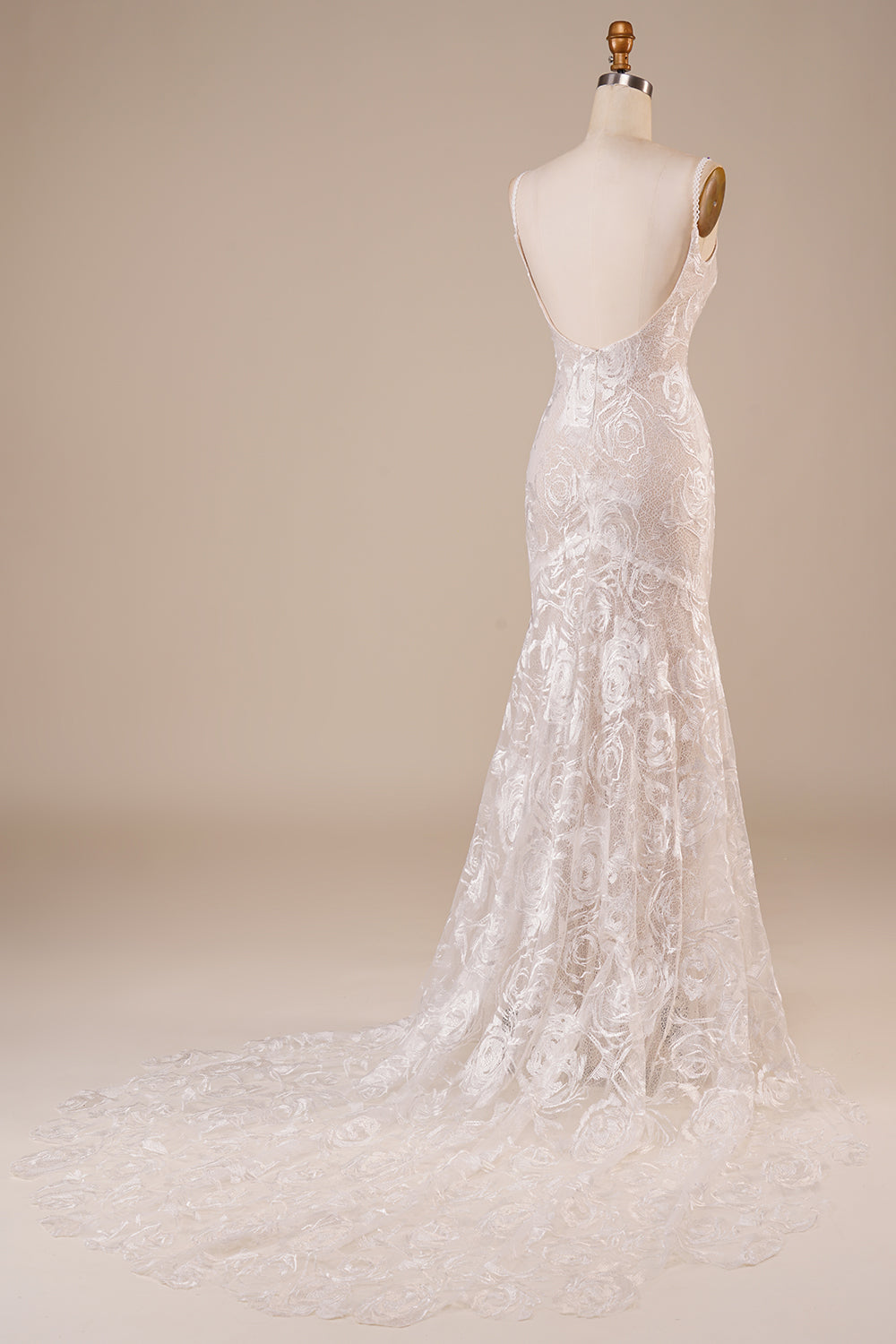 Backless Lace Ivory Wedding Dress with Sweep Train