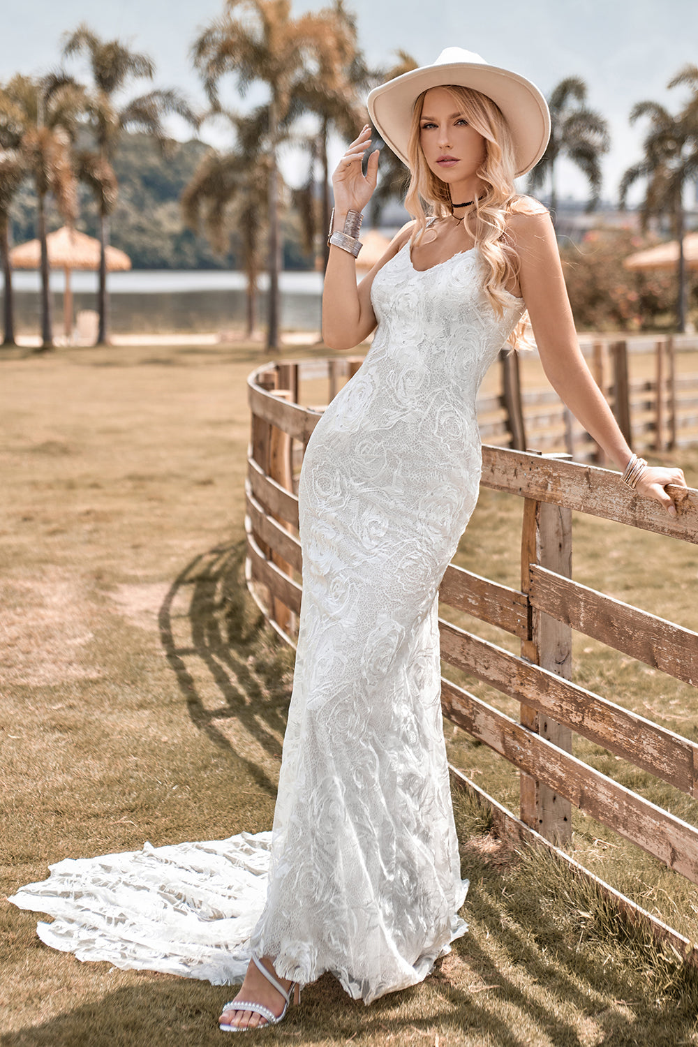 Charming Mermaid Spaghetti Straps Lace Ivory Wedding Dress with Sweep Train