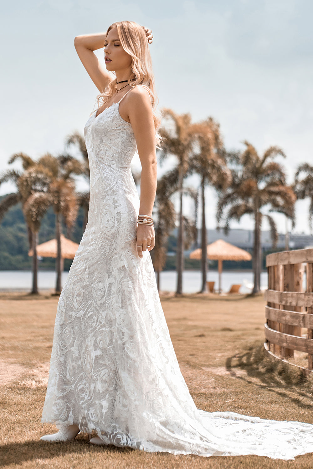 Charming Mermaid Spaghetti Straps Lace Ivory Wedding Dress with Sweep Train