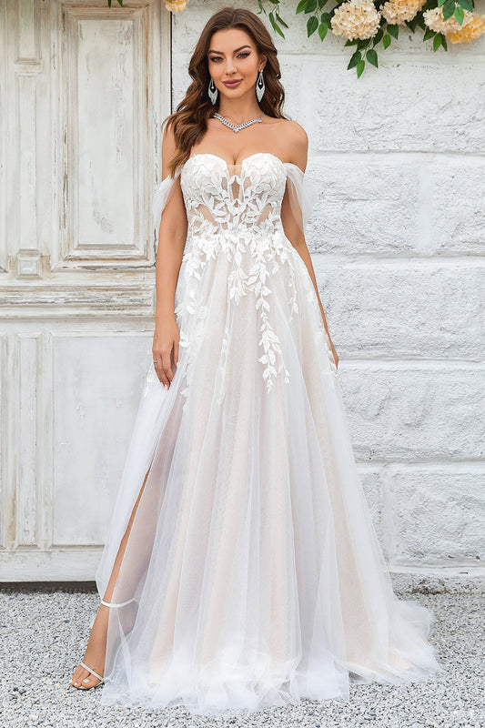 Beauty A Line Off the Shoulder Champagne Tulle Detachable Wedding Dress with Lace