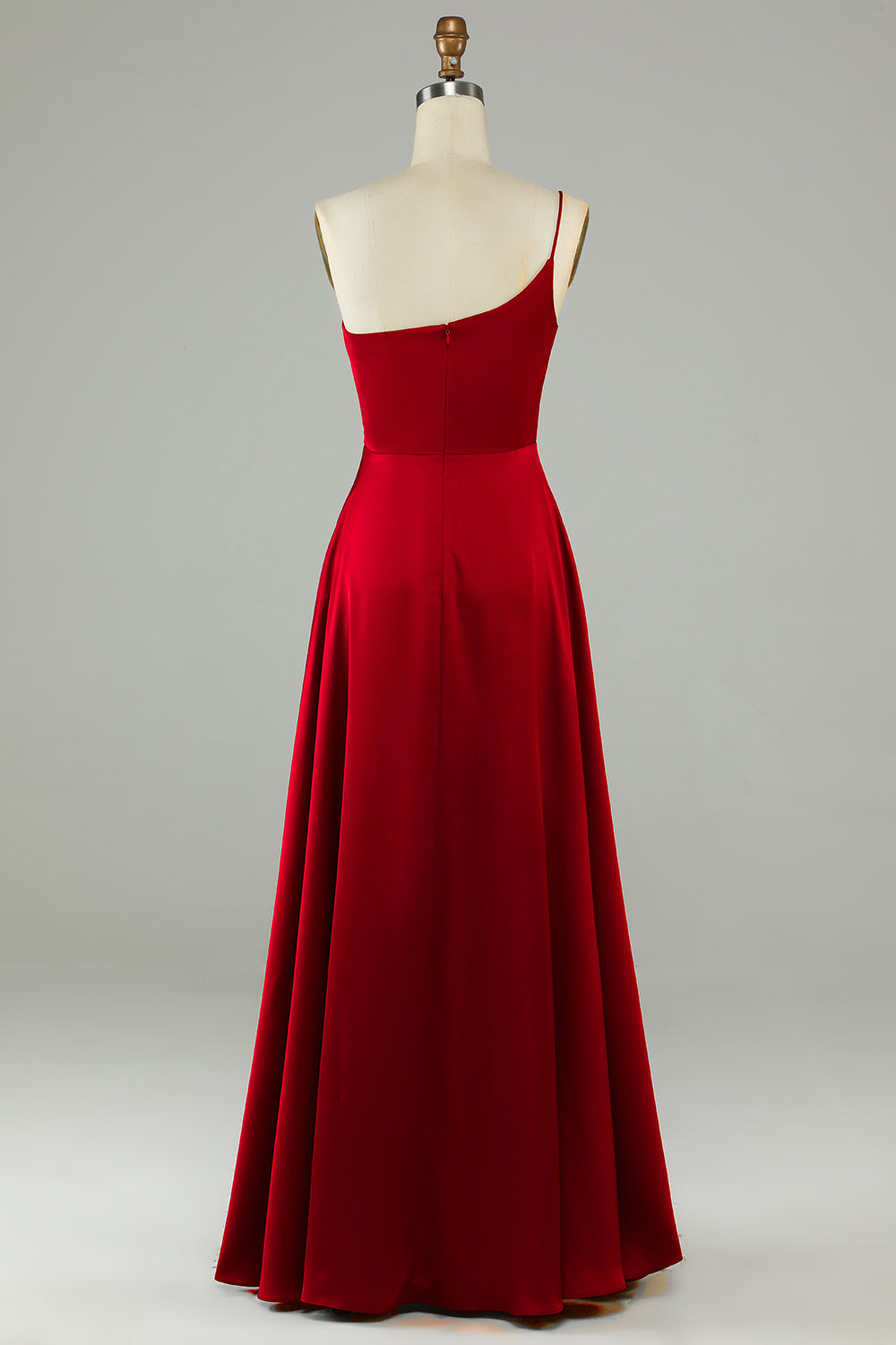 A-Line One Shoulder Burgundy Long Bridesmaid Dress with Ruffles