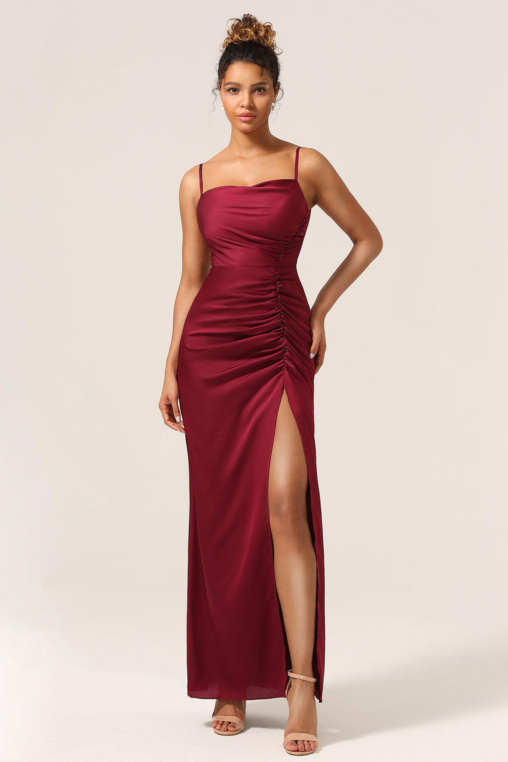 Simple Mermaid Spaghetti Straps Burgundy Long Bridesmaid Dress with Split Front