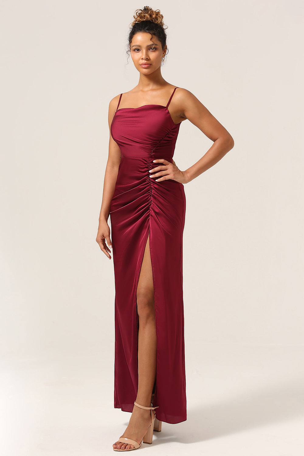 Simple Mermaid Spaghetti Straps Burgundy Long Bridesmaid Dress with Split Front