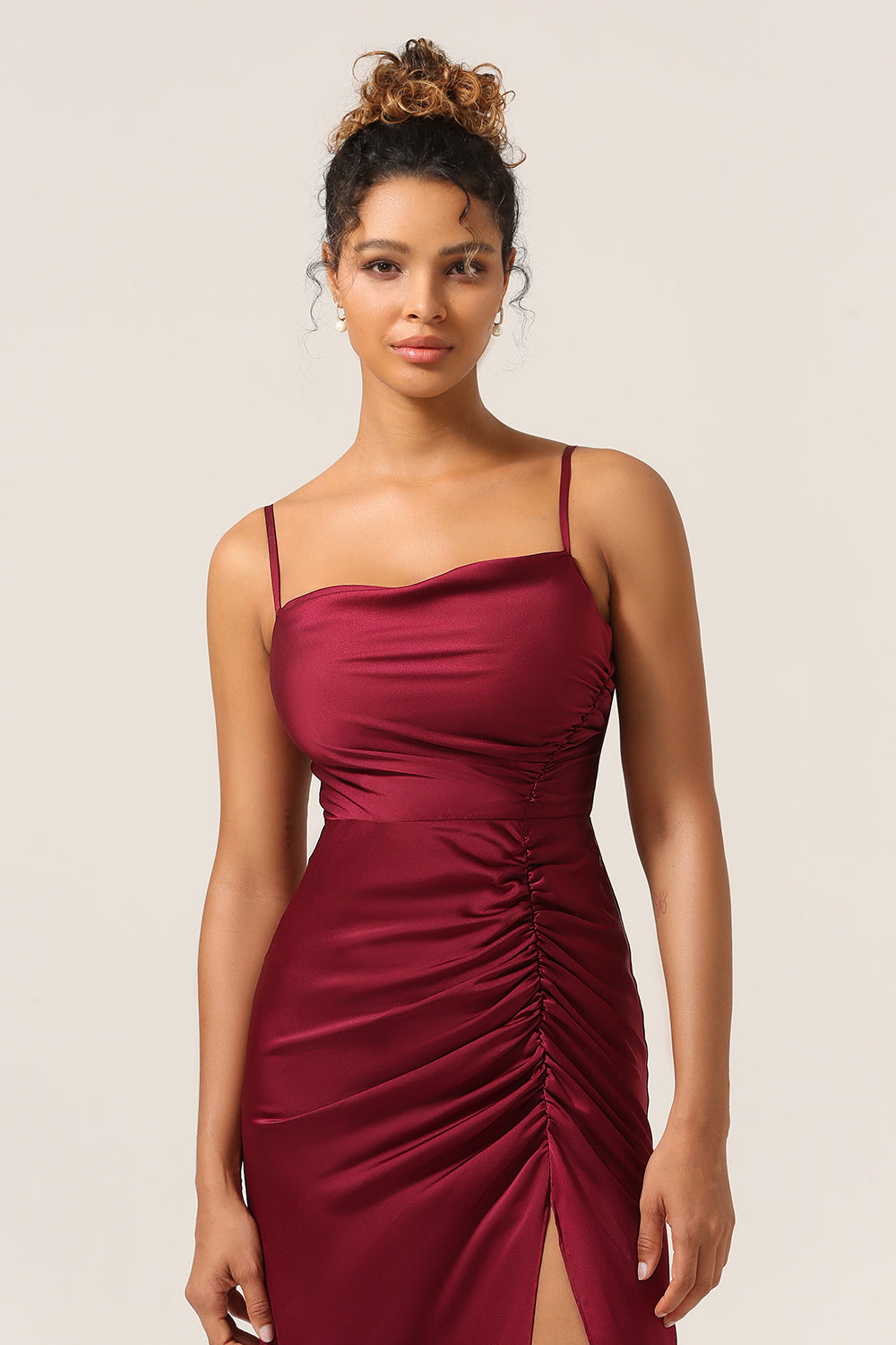 Simple Mermaid Spaghetti Straps Burgundy Long Bridesmaid Dress with Split Front