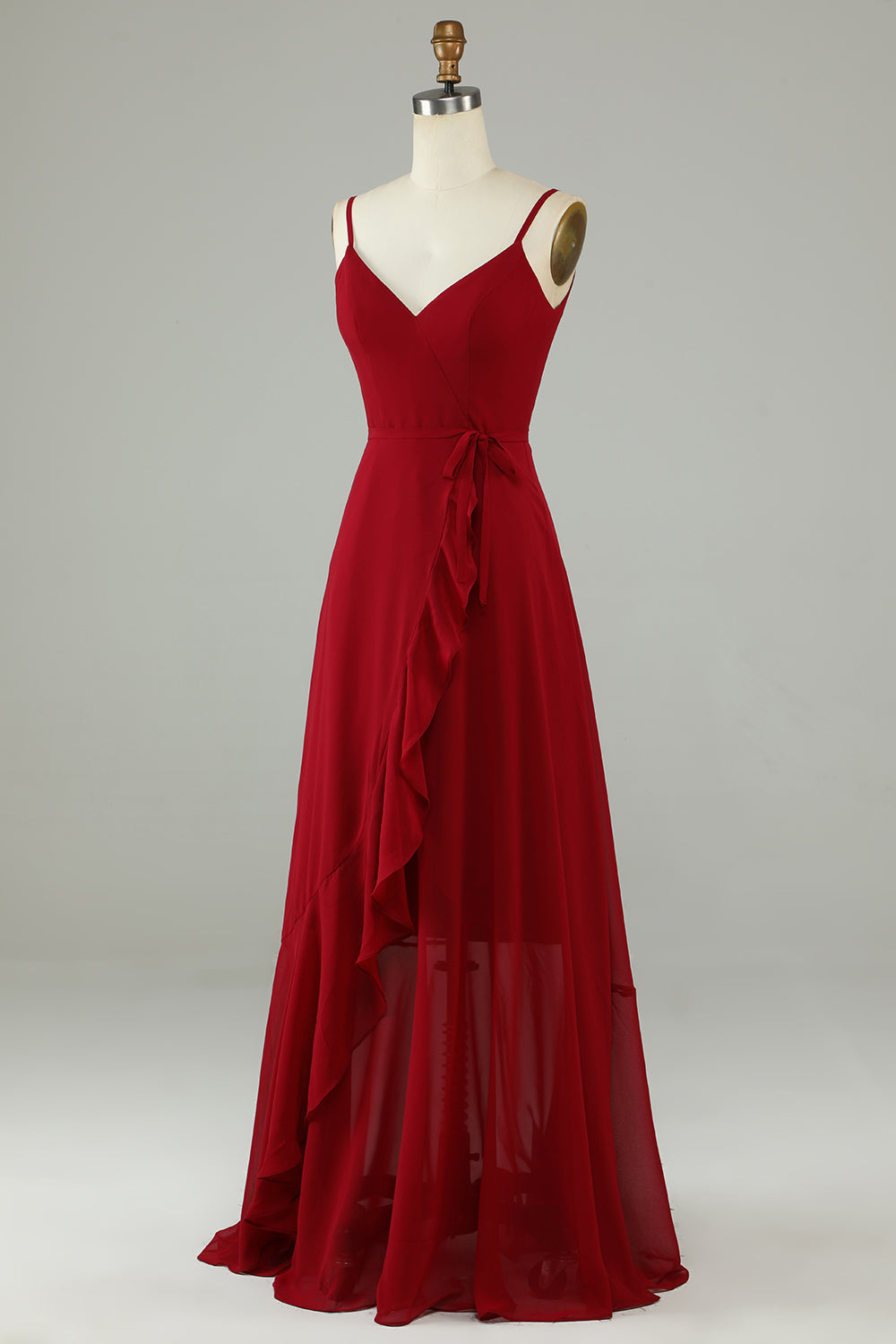 Chiffon Burgundy Spaghetti Straps Long Bridesmaid Dress with Ruffles