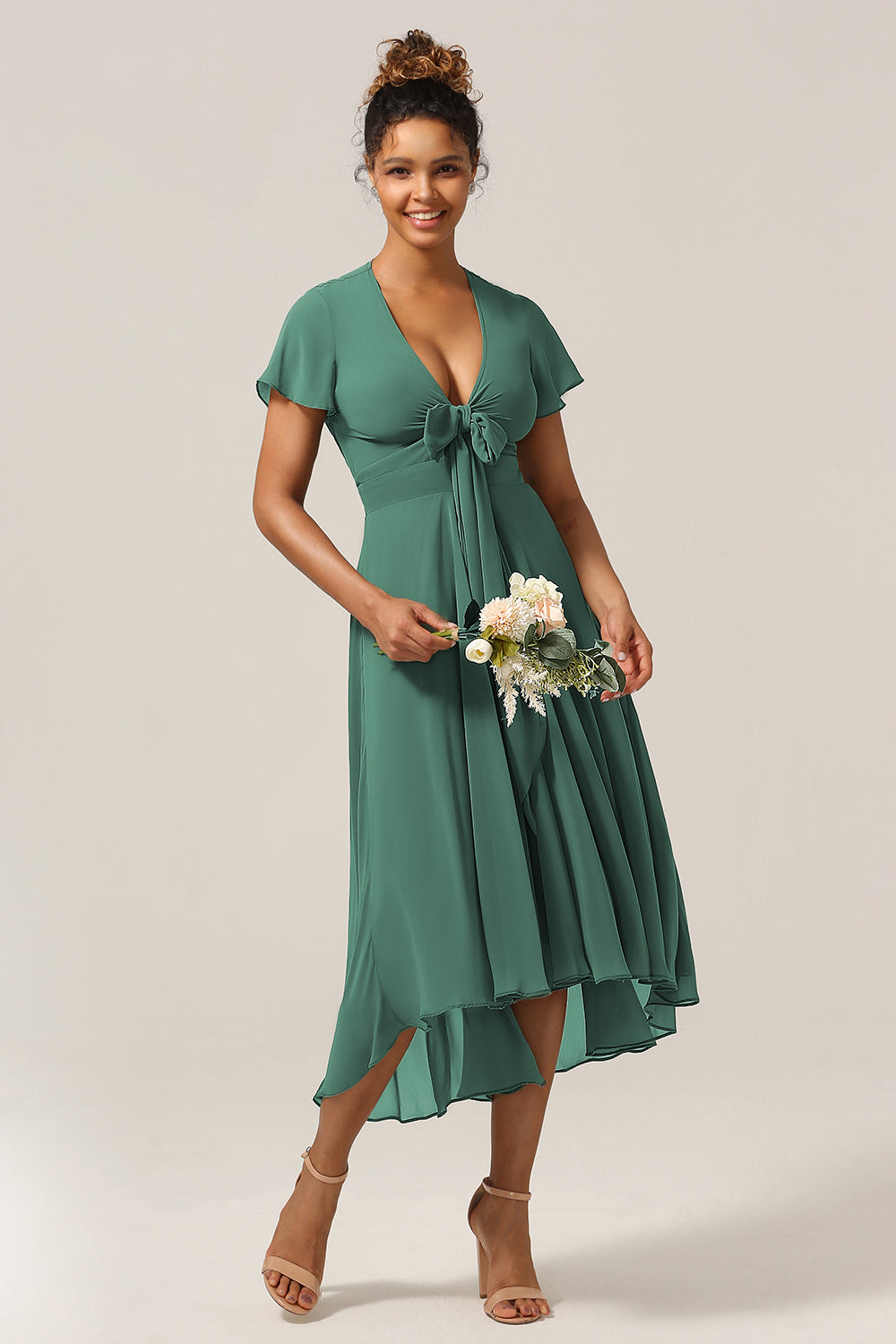 Chraming A Line V-Neck Short Sleeves Eucalyptus Bridesmaid Dress With Bow