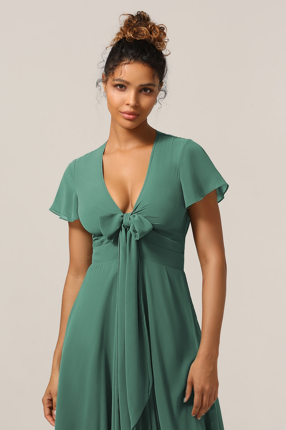 Chraming A Line V-Neck Short Sleeves Eucalyptus Bridesmaid Dress With Bow