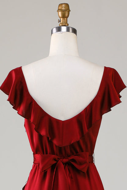 V-Neck Burgundy Bridesmaid Dress with Ruffles