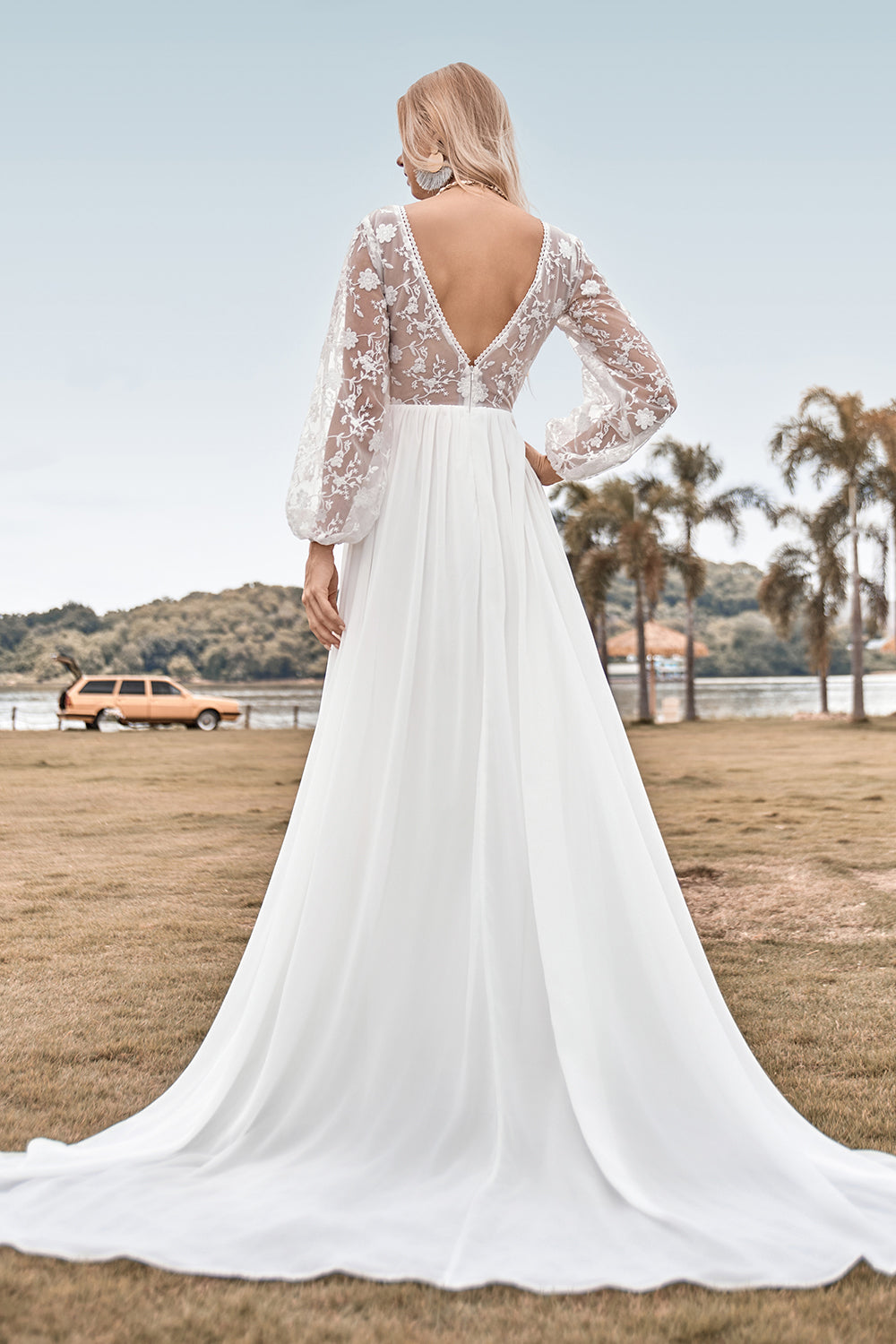 A Line V Neck Ivory Chiffon Sweep Train Boho Wedding Dress with Lace