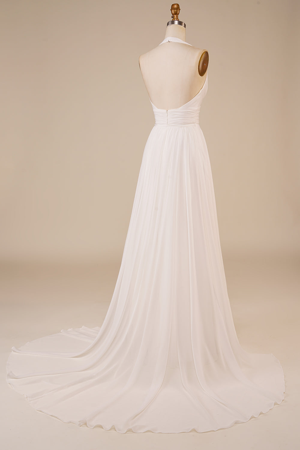 A-Line Halter Ivory Sweep Train Wedding Dress with Slit