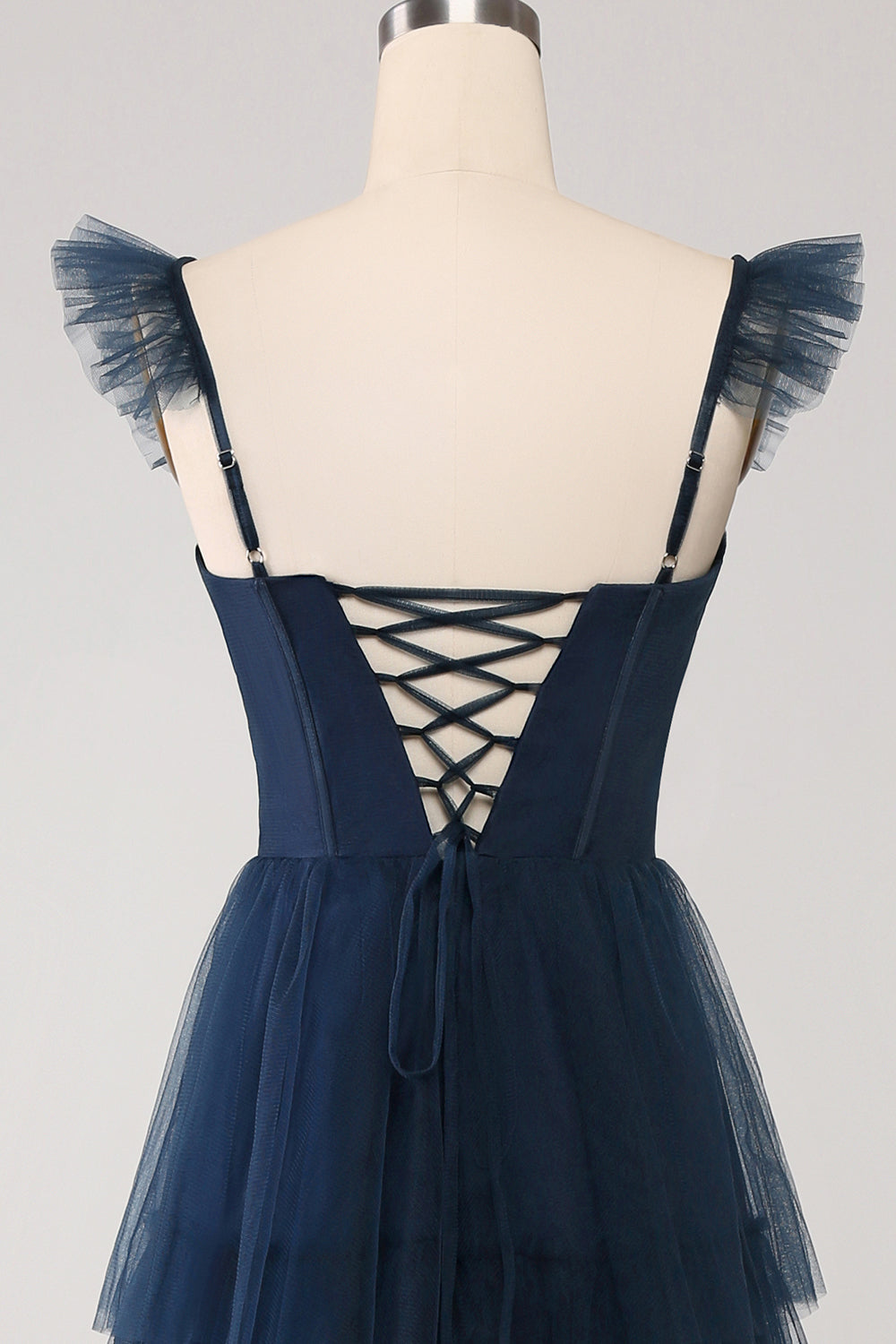 Navy Tulle Navy A Line Tiered Corset Bridesmaid Dress with Slit