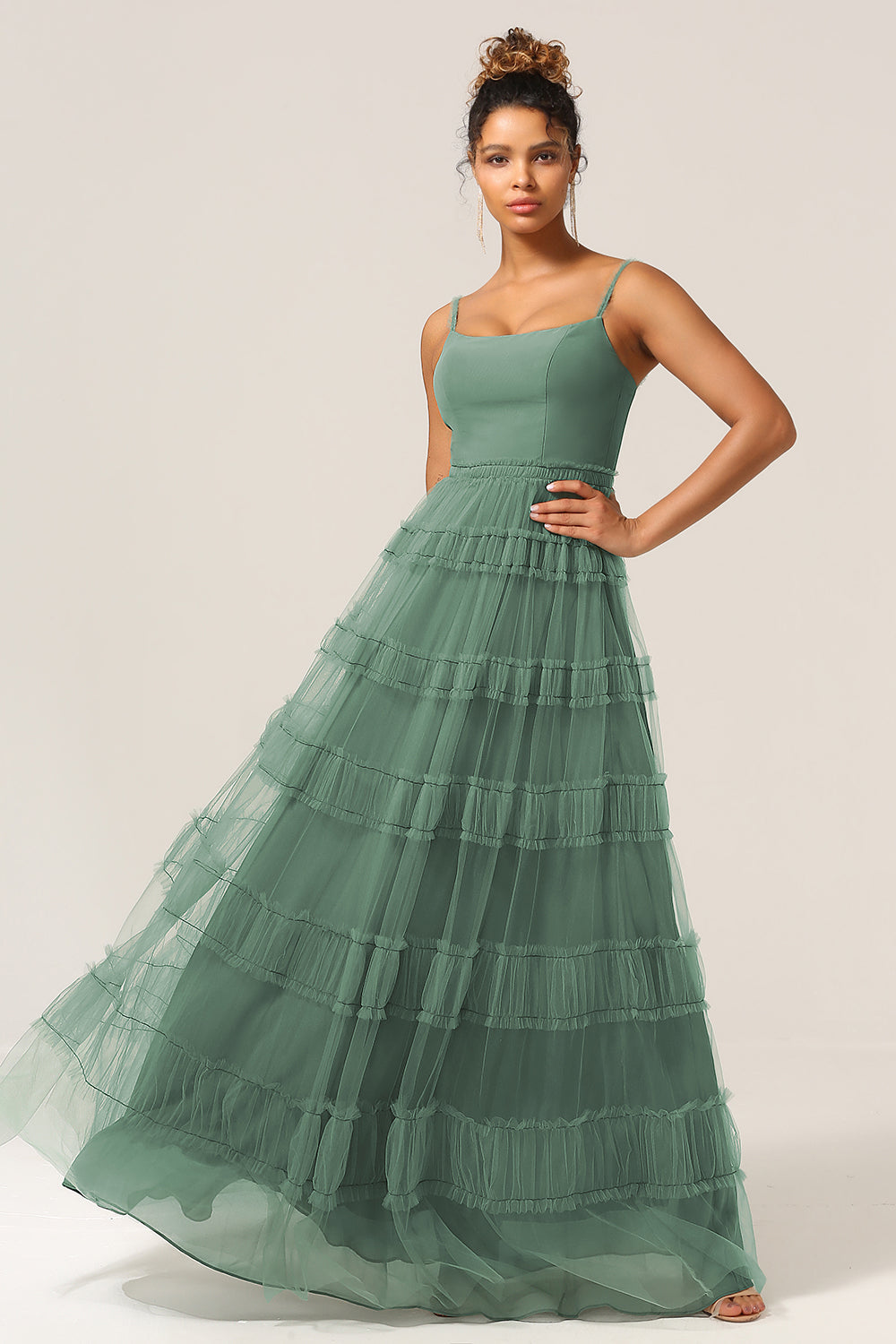 Gorgeous A Line Spaghetti Straps Eucalyptus Tulle Long Bridesmaid Dress