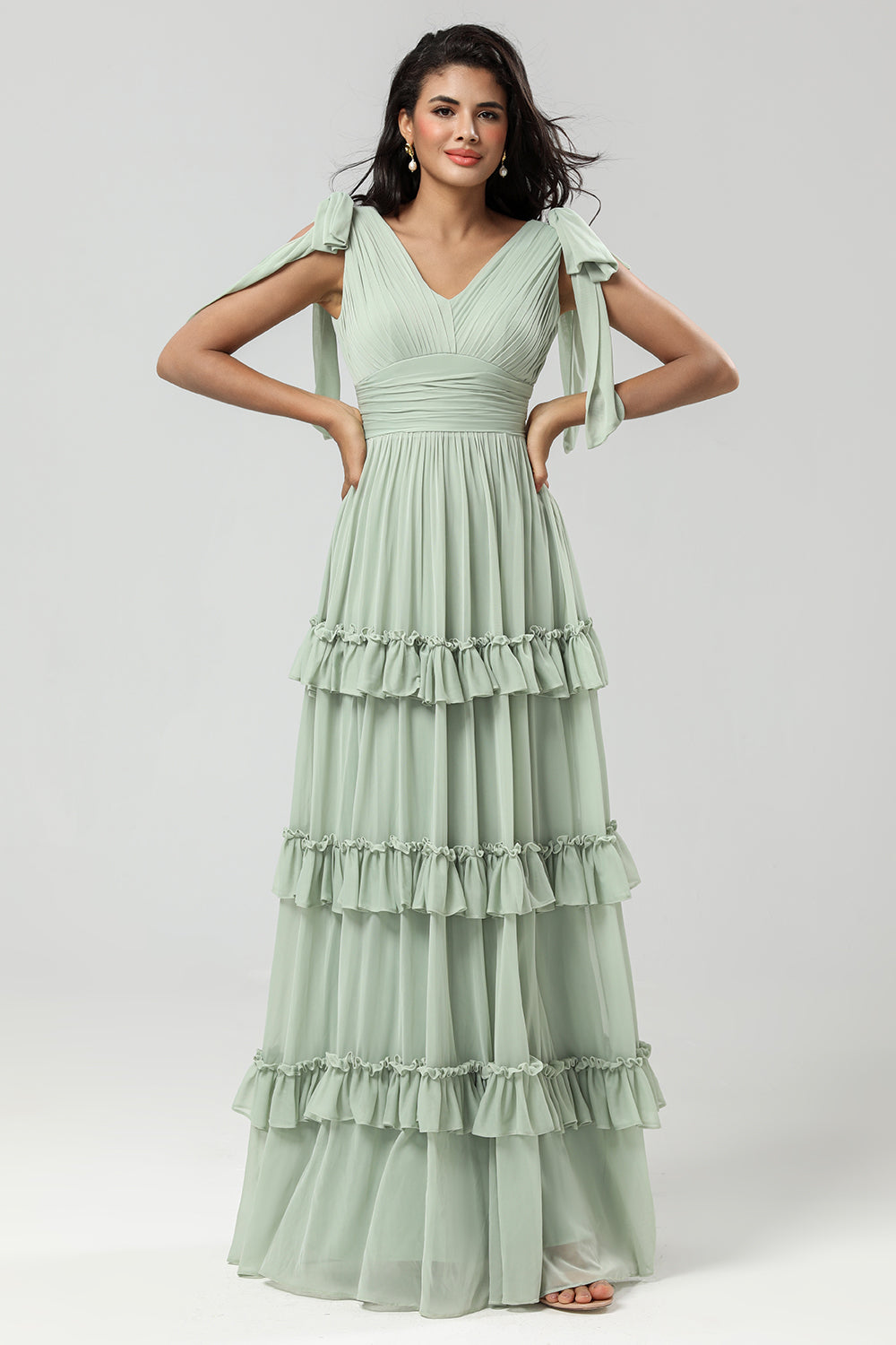 A Line Chiffon Green Bridesmaid Dress with Pleated