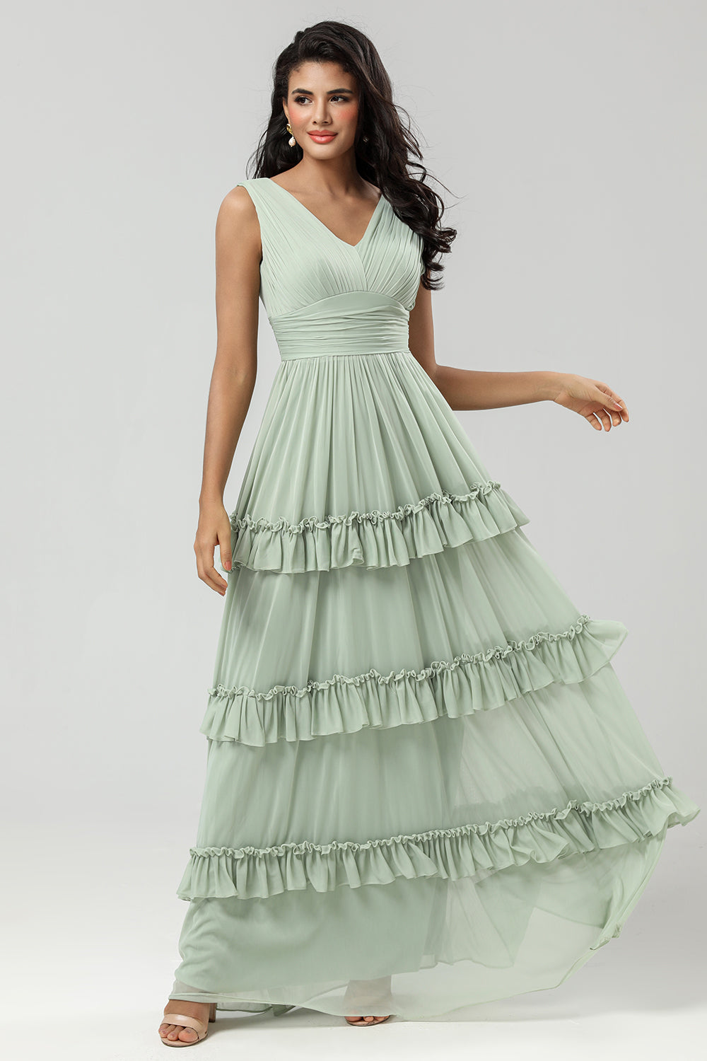 A Line Chiffon Green Bridesmaid Dress with Pleated