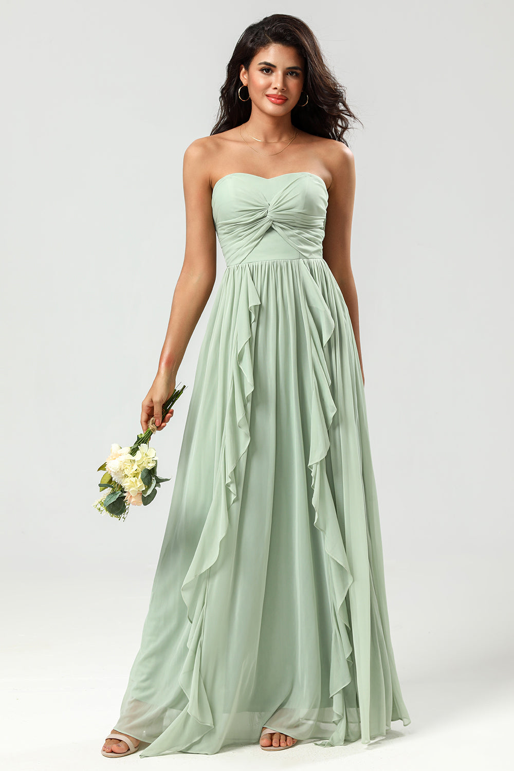 Strapless A Line Chiffon Green Bridesmaid Dress with Pleated