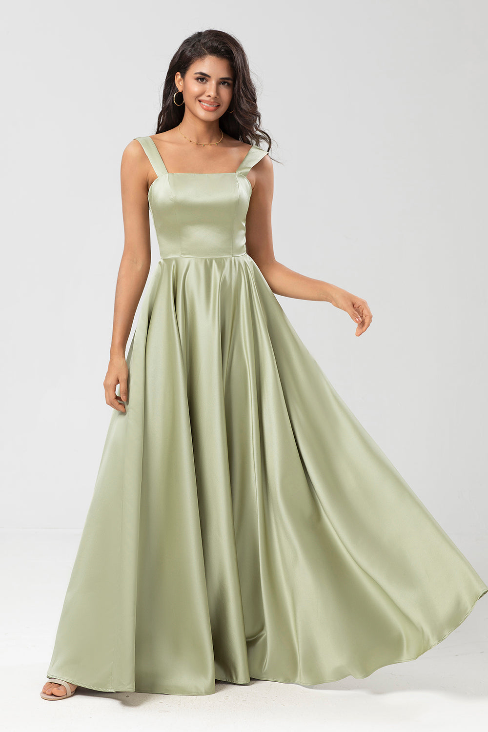 Satin A Line Green Bridesmaid Dress with Pockets