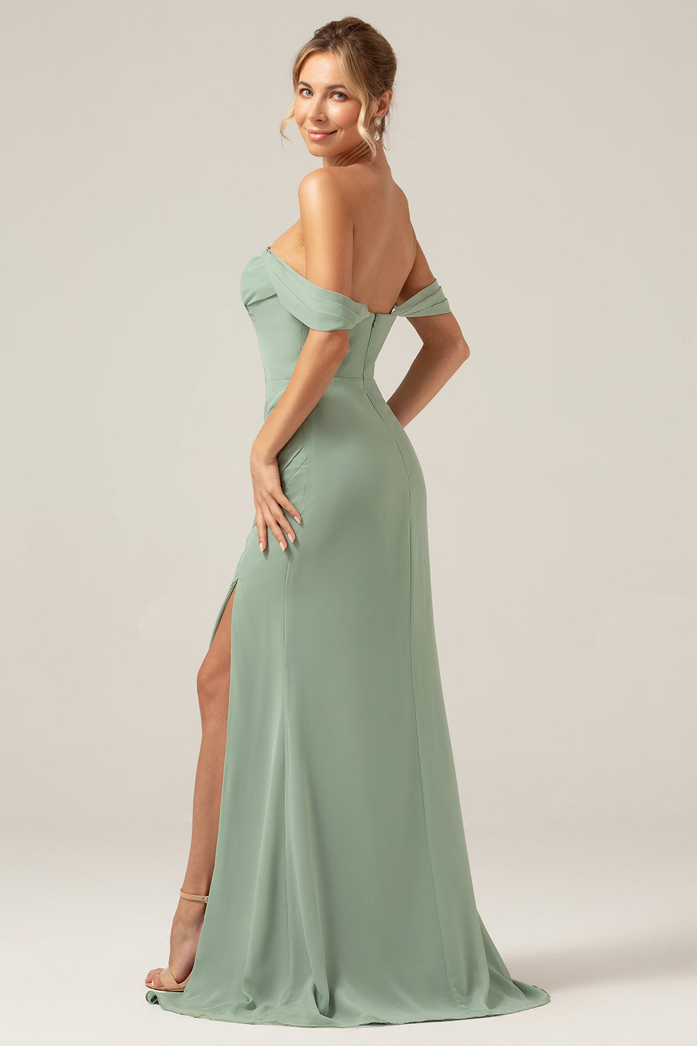 Off the Shoulder Sheath Chiffon Pleated Dusty Sage Bridesmaid Dress