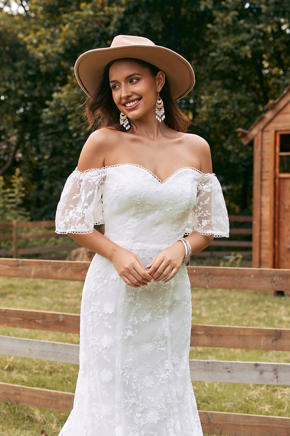 Ivory Mermaid Lace Sweep Train Wedding Dress with Sleeves