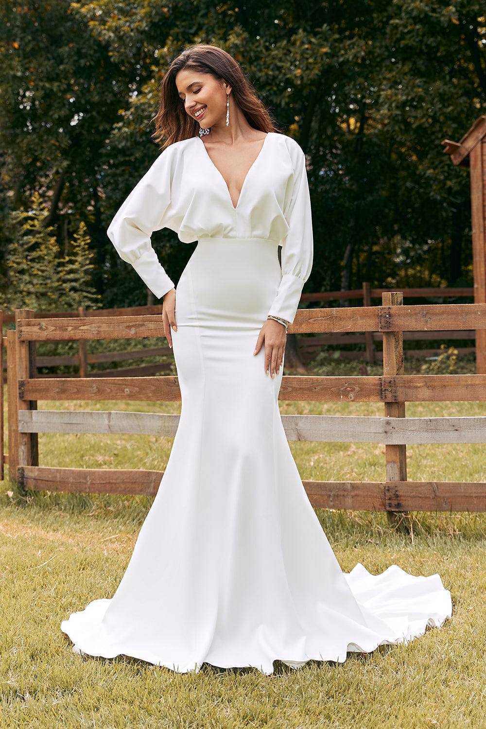 Simple Ivory Long Sleeves Mermaid Wedding Dress